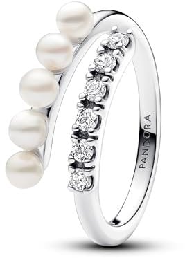 PANDORA Timeless Behandelte Süßwasserzuchtperlen & Pavé Offener Ring aus Sterling Silber mit Zirkonia, Größe: 54, 193145C01-54