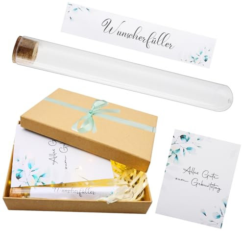 GAROMIA Geldgeschenk Geburtstag Geldgeschenke Verpackung Geldgeschenke Geburtstag Geschenkbox mit Deckel Geschenkbox mit Schleife Wunscherfüller Grußkarte Kunststoff Reagenzglas Band Raffia Gras