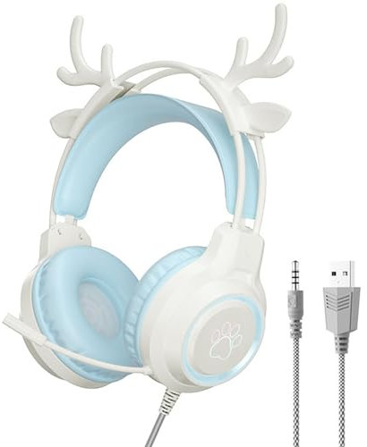 HWYYLXS Stereo Gaming Headset, 3.5mm Noise Canceling Deer Ear Headphones With Microphone, Led Light, Bass Surround For Ps4 Pc Xbox One Ps5 Laptop,Blue