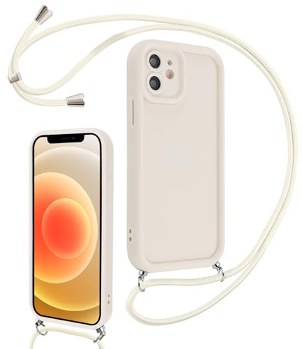 Coalbooliy Handyband für iPhone 12 Hülle 6,1 mit Band, Handyhülle Kameraschutz Weiches Silikon Necklace Stoßfeste Schutzhülle mit Kordel zum Umhängen Cover für Mädchen Frauen, Weiß