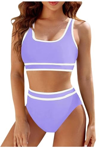 Maillot de Bain Bikini Femme 2 Pièces Amincissant Rayures Maillot de Bain Femme Débardeur Brassière avec Short de Plage Taille Haute Sport Natation Piscine Vacances (S, Violet-1)