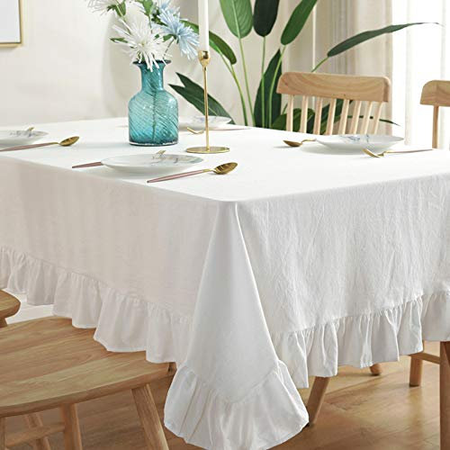 PHLCF Rechteckige Tischdecke, weiß, rund, 120 cm, Tischdecke aus Baumwollleinen mit Fransen, quadratische Tischdecke, staubdichte Tischdecke als Küchentischdekoration