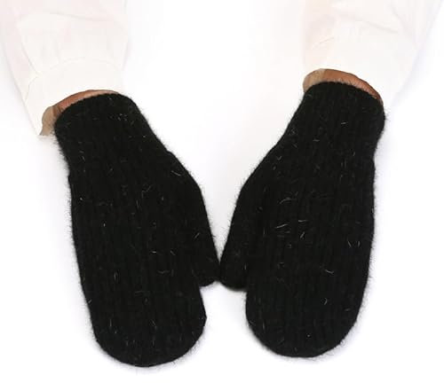 HPONEZJ Fäustlinge Winter Damen Handschuhe Doppellagig Fausthandschuhe Gefüttert Warm Strickhandschuhe Mädchen Winddicht Handwärmer Einfarbig Weich Winterhandschuhe für Outdoor Fahrrad Ski Schwarz