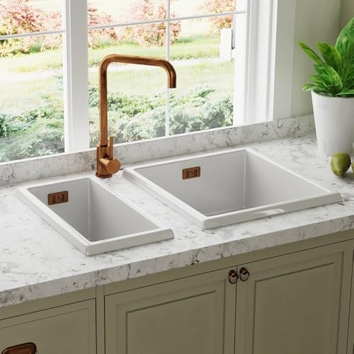 Astini Hampton 150 1.5 Bowl White Ceramic Undermount Kitchen Sink & Copper Waste