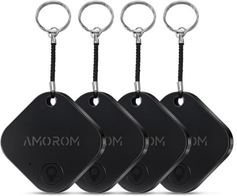 AMOROM Schlüsselfinder Smart Tag, iOS & Android App, Telefonfinder, Lauter Klingelton, Austauschbarer Akku, Bluetooth Tracker für Schlüssel/Gepäck/Koffer/Brieftasche, Schwarz, 4er Pack