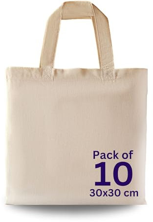 MINIMARG 100% Cotton Canvas Bags, Plain Tote Bags to Decorate, eco-friendly Canvas Reusable blank Tote Bags made with Premium Quality Fabric - Size 30x30cm+30cm Handle (Pack of 10)