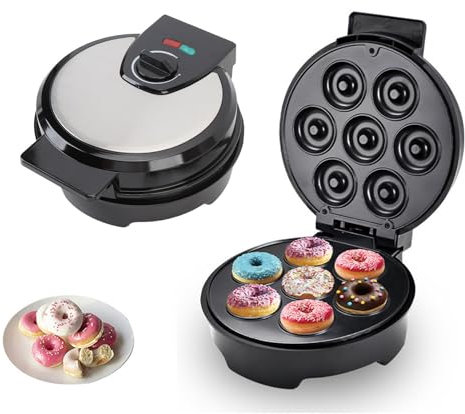 Mini Donut Maker, Antihaftbeschichtung Donutmaker für 7 Kleine Donuts, 1000W Donuts Backform für Haus Frühstück Desserts Snacks