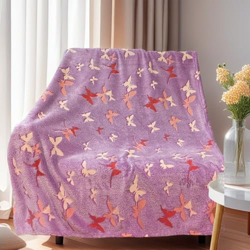 Kuscheldecke Kinder,Decke Leuchtet im Dunkeln, Einhorn Geschenke für mädchen Super Weiche und Warme Decke (Schmetterlinge, 130x150 cm)