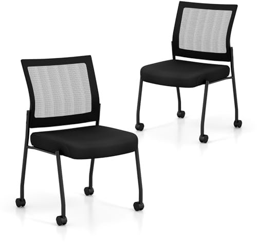 HOMASIS 2er Set Konferenzstuhl mit Rollen, stapelbarer Besucherstuhl mit Mesh, ergonomischer Bürostuhl mit Rückenlehne, Stapelstuhle für Büro Konferenz Wartezimmer, Schwarz (ohne Armlehne)