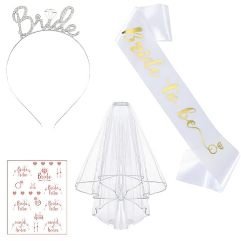 4 Stück Bride to be Schärpe, Bride to be Deko, Gga Accessoires Frauen, Frauen Junggesellinnenabschied Accessoires Weiß Braut JGA Rosegold Stirnband Tiara für Bachelorette Party