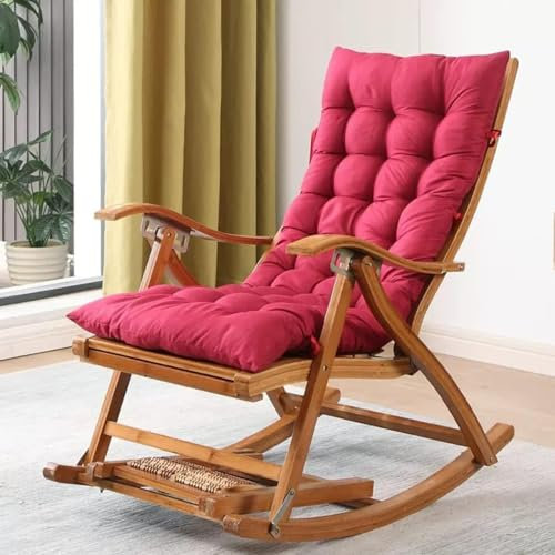 WOTZOV Freizeit-Schaukelstuhl und Fußhocker-Set, Holz-Klappstuhl mit Fußstütze, bequemer Schaukelsessel mit Polsterung, bequemer Schaukelstuhl für Balkon und Terrasse,Rot Einheitsgröße