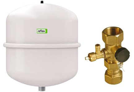 BADfabrik24 Reflex Membran-Druckausdehnungsgefäß H N 18/4, 18 l, Weiß + Kappenventil 3/4''×3/4'' Messing mit KFE-Hahn – DIN EN 13831, PED 2014/68/EU, P0=1,5 bar, 4 bar, Ø308×H360 mm
