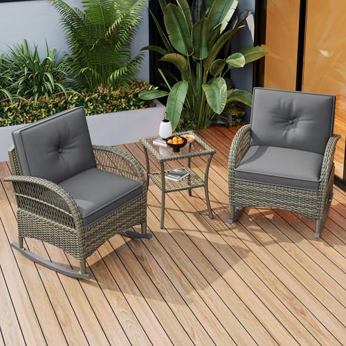 Rattan Balkonset 3-teilig, Gartenmöbel Set Enthält zwei Schaukelstühle und einen Quadratischer Beistelltisch, Tischplatte aus Glas, Rattansessel mit grauen Kissen, Tragkraft 160 kg, Terrassenmöbel