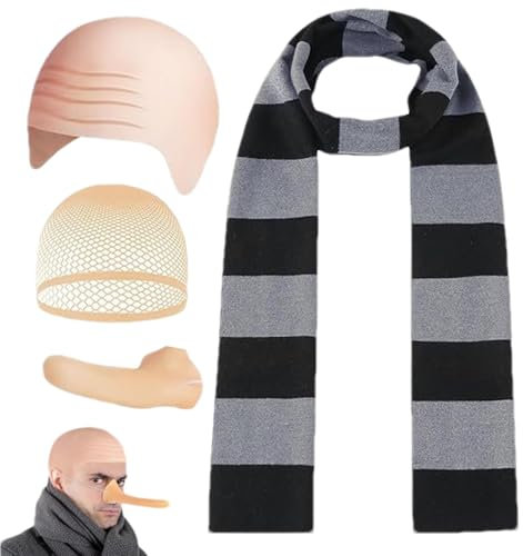 Glatzenmütze Gru Kostüm Set | Ich Einfach Unverbesserlich Kostüm | Gestreifter Schal Halloween Cosplay Herren-Halloween-Kostüm-Set, Rollenspiel-Kostüm-Set Kostüm-Set Schal Künstliche Nase