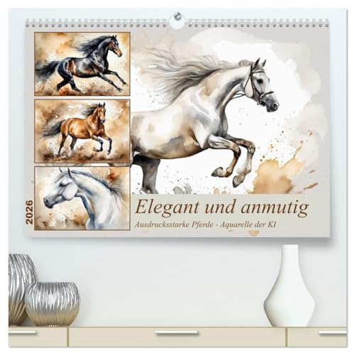Elegant und anmutig (hochwertiger Premium Wandkalender 2026 DIN A2 quer), Kunstdruck in Hochglanz: Wunderschöne KI generierte Aquarelle von Pferden (CALVENDO Tiere)