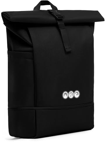 SONS OF ALOHA Roll-Top Rucksack Damen & Herren - NALU Reflektierend groß - Rolltop mit Laptopfach 16 und Schuhfach für Uni Fahrrad Business - recycelt wasserabweisend schwarz