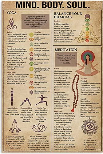 Yoga-Poster, Metall-Blechschild „Mind Body Soul Knowledge, Vintage, Meditation, Balance Your Chankras, Retro-Poster, Plakette, Wandkunst, Dekor für Zuhause, Wohnzimmer, Club, Dekor, Geschenke, Schild