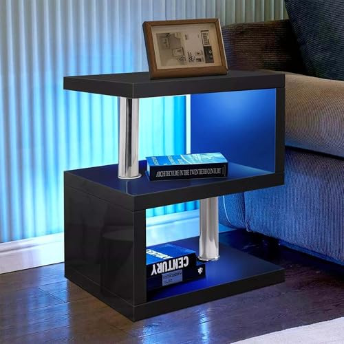 Comfy Living Abstract High Gloss LED Side Table, Modern S-Shaped Design 5 Colour Options (Black)