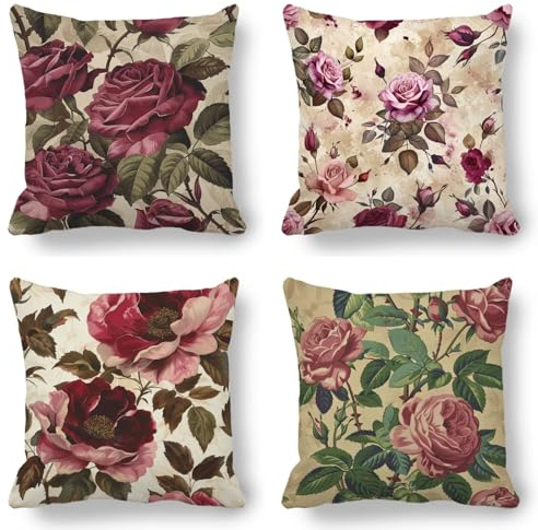 Outdoor Kissen Blume Kissenbezug 35x35cm Rose 4er Set, Outdoor Kissen Wetterfest Leinen Dekokissen mit Unsichtbarem Reißverschluss für Sofa Schlafzimmer Wohnzimmer Terrasse Balkon Deko, Geschenk F5-2