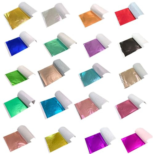 Zuzer Blattgold zum Basteln 200 Stück Goldfolie Silberfolie Prägefolie, 20 Farben Buntfarben 9x9cm Metallfolie Blatt für Kunsthandwerk DIY Nageldesign Bilderrahmen Resin Art
