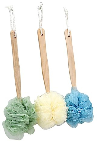 PENIKOKO 3 Stück Teiliges Dusch badekugeln mit Langem Holzgriff Kräftiges Peeling Leichter Griff Netzartige Schwämme zum Rückenwaschen Platzsparend mit Aufhängeschlaufe für Sanfte
