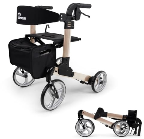 Parvum Luxo Rollator faltbar und leicht mit Sitz, 6,8kg, S - Champagner | Premium Aluminium Gehhilfe mit versteckten Bremskabeln, Sitz, Tasche und abnehmbarer Rückenlehne und Stockhalter, Größe Small