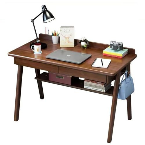 Schreibtisch aus Massivholz mit 2 Schubladen, moderner Schreibtisch aus Walnussholz, Computertisch mit Ablagefach und Haken (Nussbaum, 120 x 60 x 75 cm)
