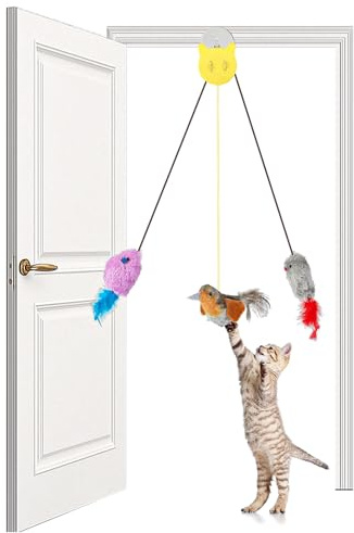 VINATO Set de 3 Jouets pour Chats Suspendus avec Son Réaliste, Souris Élastique et Oiseau à Plumes, sans Piles