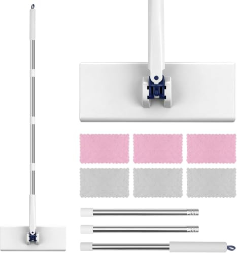 Floor Mop, 6 Washable Pads, 360° rotatable Sweeper Mop Auto Clamp | Quick-change snap-grip flat mop, compatible with towels and paper wipes, Mops for Cleaning Floors, walls and windows