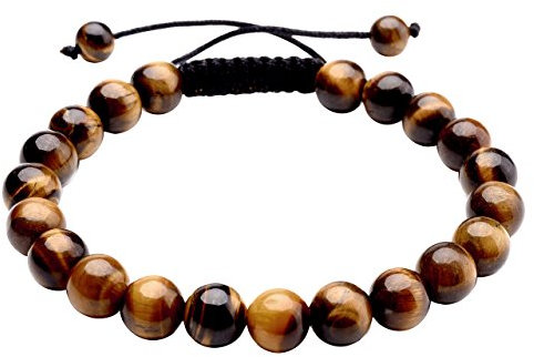 Jovivi 8MM Natural Yellow Tiger Eye Stone Gemstones Healing Energy Crystal Elastic Beaded Bracelets, Handmade Macrame Adjustable for Men Women Jewellery Gifts