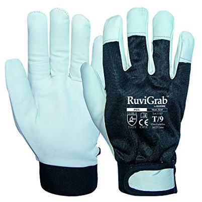 RuviGrab - Guante de trabajo piel flor vacuno | Dorso ventilado cierre velcro | Guantes para jardineria | Guantes para obra | Guantes cuero | Guantes hombre y mujer