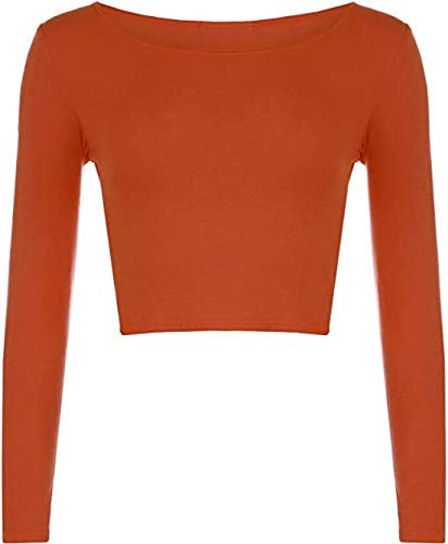 Candid Styles Womens Crop Long Sleeve T Shirt Ladies Ladies Short Plain Round Neck Top 8-14, (12-14, Rust)