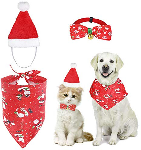 3 Stück Weihnachten Katzenkostüm Hundekostüm mit Weihnachtsmütze Fliege Halsband Halstuch, Hunde Katzen Kostüm Zubehör Set