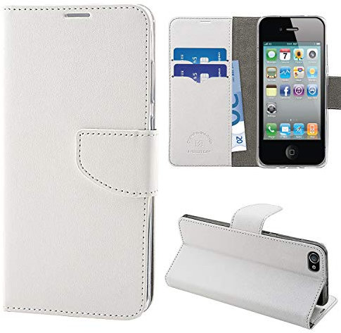 N NEWTOP Cover Compatibile per Apple iPhone 4 / 4S, HQ Lateral Custodia Libro Flip Chiusura Magnetica Portafoglio Simil Pelle Stand (Bianco)
