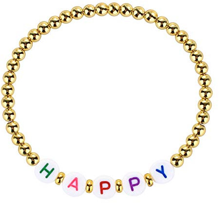KELITCH Bunte Elastische Armbänder Gold Metall Perlen Armbänder Gemischte Alphabet Perlen Charm Armbänder (Happy 5B)