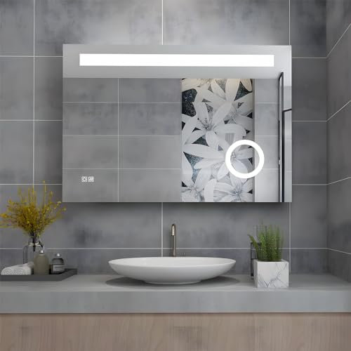 MIQU 800x600mm LED Bathroom Mirror with 3X Magnifier, Anti-Fog Demister Pad, Touch Switch, Horizontal Wall-Mounted, Soft Lighting for Vanity & Makeup