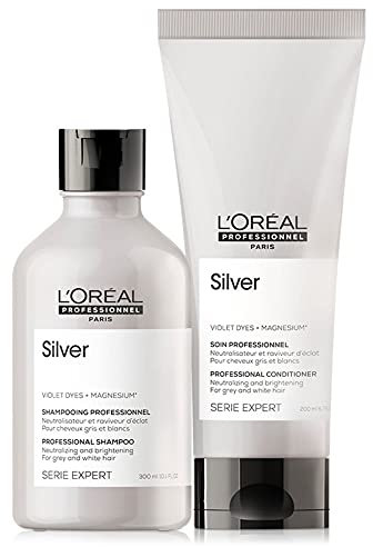 L'Oréal Professionnel Serie Expert Silver Shampoo and Conditioner Set, Neutralises Unwanted Brassy Tones, For Grey, White or Light Blonde Hair, 300 ml and 200 ml
