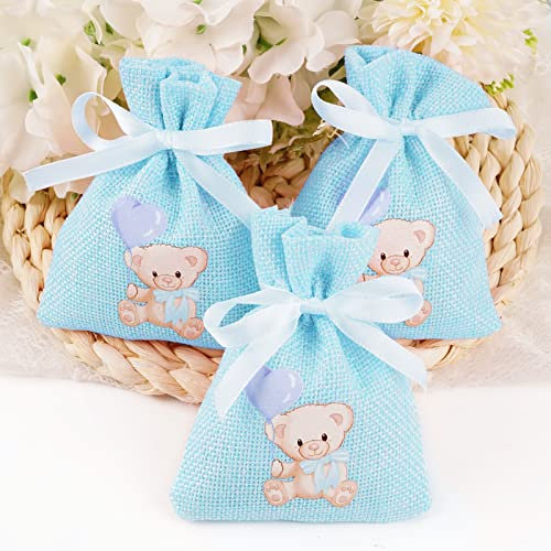 24 Pcs Jute Kordelbeutel 8 x 10cm Blau Jute Säckchen mit Baby Bär Bügelbilder Muster Kleine Kordelzugtaschen für Babyshower Partydeko Babydusche Taufe Gastgeschenk usw.