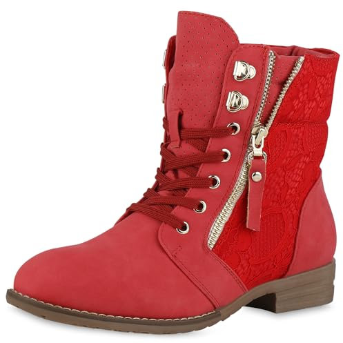 VAN HILL Damen Schnürstiefeletten Spitze Stiefeletten Zipper Worker Boot 179133 Rot 36