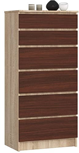 AKORD Kommode K60 mit 6 Schubladen | für das Wohnzimmer Schlafzimmer Schrank Büro Arbeitszimmer | Modernes Funktionales Design | B60 x H130 x T40 cm, Gewicht 43kg | Sonoma Eiche/Wenge