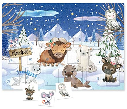 Papierdrachen Adventskalender mit Kindertattoos zum Aufkleben aus Deutschland - Tattoos mit Wintertiere und weiteren kindgerechten Designs - Weihnachtskalender für Kinder - vegan - Wintertiere Set 3