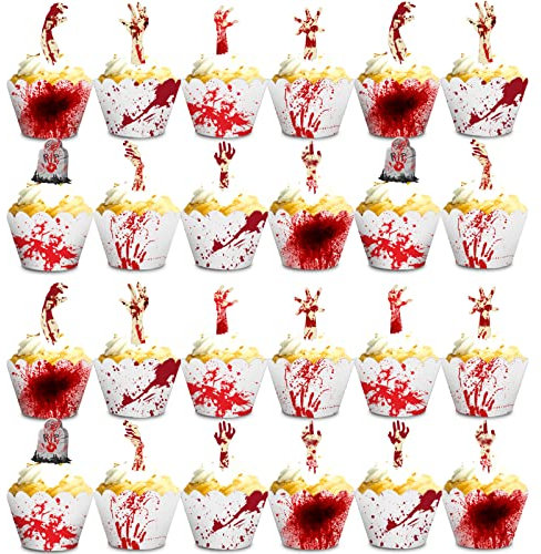 48 Stücke Halloween Papier Cupcake Toppers,Liwein Halloween Kuchen Deko Horror Kuchen Dekoration Halloween Pappbecher Cupcake Wrapper Lebensmittel Dekoration für Halloween Party Cupcake Toppers
