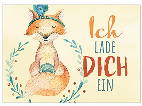 8 Einladungskarten Kindergeburtstag mit Umschlägen, Aquarell Fuchs niedlich, Karte Geburtstag Einladung zum Ausfüllen