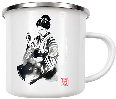 artboxONE Emaille Tasse Sewing Geisha von péchane - Emaille Becher Menschen