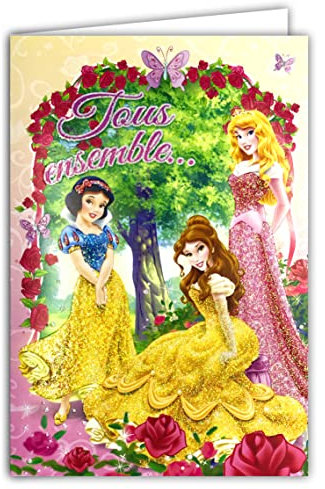 DISNEY PRINCESS Carte Joyeux Anniversaire Robes avec PAILLETTES Enveloppe Rose Blanche-Neige Aurore La Belle au bois dormant la Bête Papillon Fleur Forêt enchantée Illustration Fille Enfant 131242