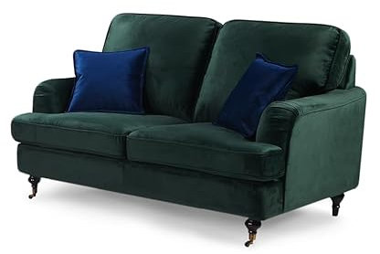 Lovesofas Elegant Bottle Green 2 Seater Sofa for Living Room – Plush Velvet Loveseat with Antique Brass Castors, High Back and Comfortable Cushions, Green Sofa with Solid Wood Frame - ASTBURY