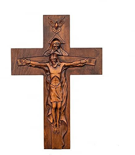 BGCOPPER Heilige Dreifaltigkeit Kruzifix Wandkreuz, Christus Jesus Kreuz für Wand mit Haken, handgefertigtes Holzkreuz Wanddekoration für Zuhause, Zimmer, Kirche, Weihnachtsgeschenke (Retro, 30,5 cm)