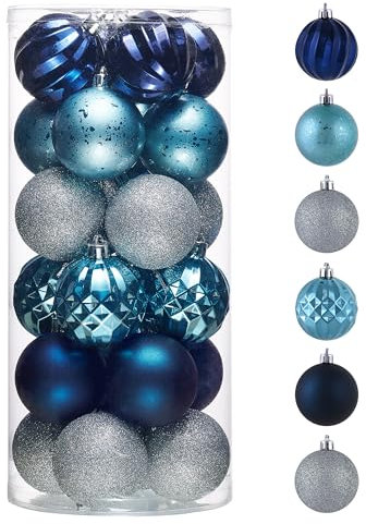 Valery Madelyn Christmas Baubles Set for Tree Decoration, 24pcs 6cm Artic Village Blue Silver Shatterproof Christmas Ball Ornaments