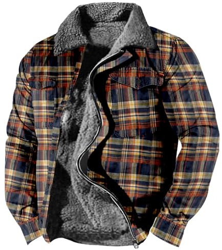 Warme gefütterte Herren-Hemdjacke aus Wolle, kariert, schwere, dicke Jacke, klassischer Revers, Reißverschluss, Wintermantel, Herren-Kapuze, beige, XL