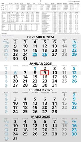 Zettler - 4-Monatskalender 2025 blau, 33x45cm, Bürokalender mit Jahresübersicht, Datumsschieber, faltbar, 4 Monate auf einen Blick, Feiertage DE /Ferientermine DE/AT/CH und deutsches Kalendarium